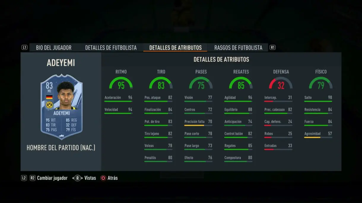 Stats in game Adeyemi MOTM FIFA 23 Ultimate Team