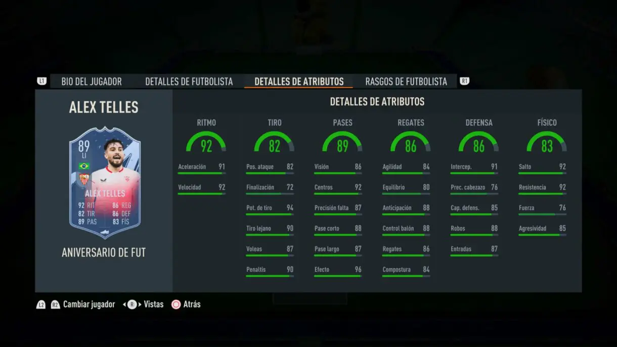 Stats in game Alex Telles FUT Birthday FIFA 23 Ultimate Team