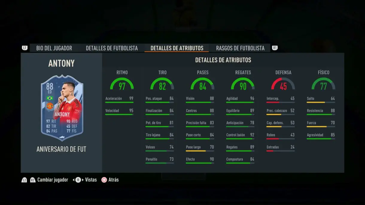 Stats in game Antony FUT Birthday FIFA 23 Ultimate Team