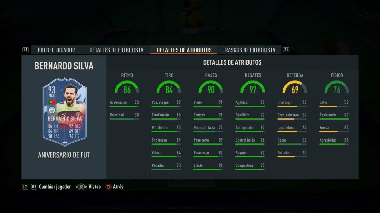 Stats in game Bernardo Silva FUT Birthday FIFA 23 Ultimate Team