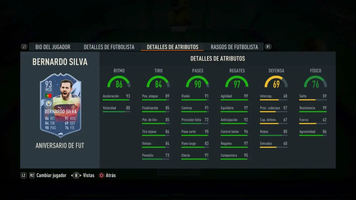 Stats in game Bernardo Silva FUT Birthday FIFA 23 Ultimate Team
