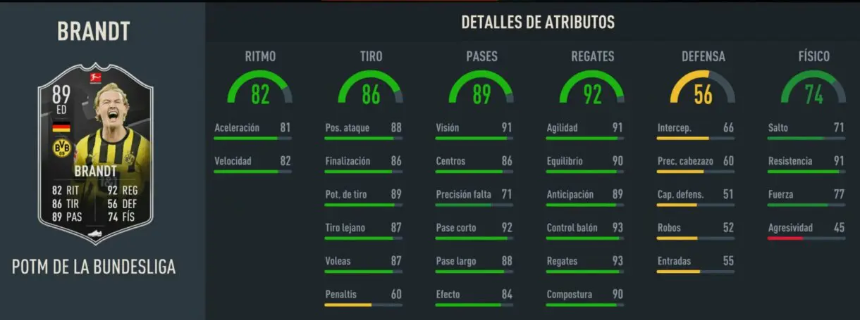 Stats in game Brandt POTM de la Bundesliga 89 FIFA 23 Ultimate Team