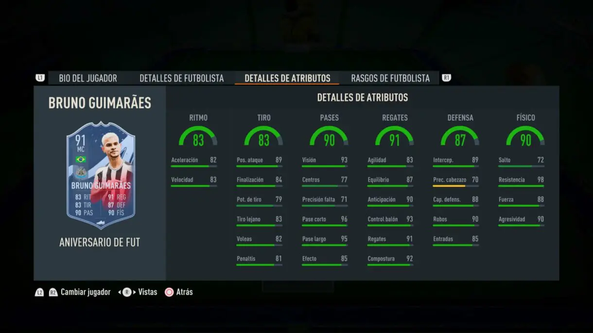 Stats in game Bruno Guimaraes FUT Birthday FIFA 23 Ultimate Team