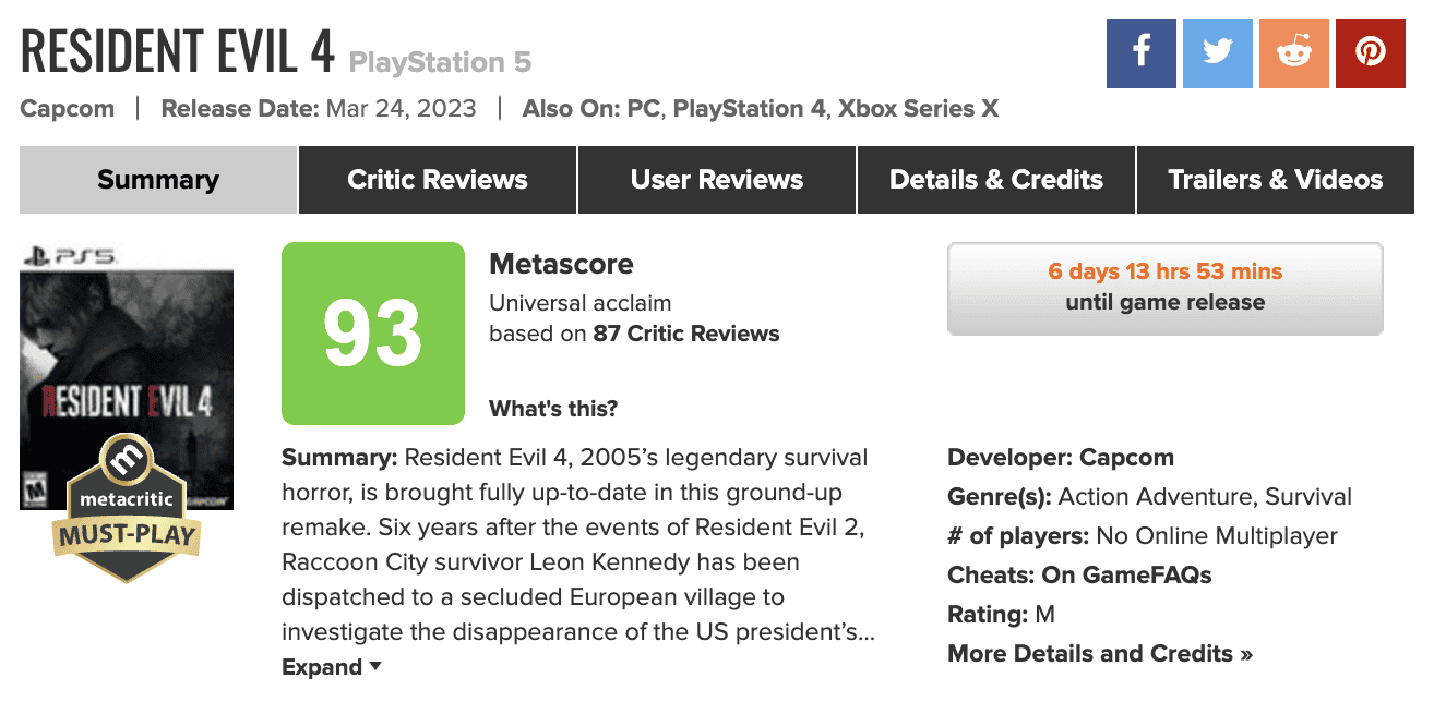 Resident Evil 4 Remake brilla con calificaciones perfectas en Metacritic:  es el tercer juego mejor calificado de la saga