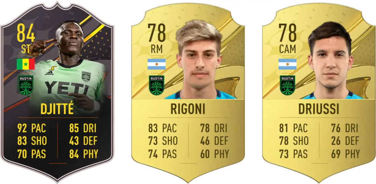 Cartas Djitté Trasfondo, Rigoni oro y Driussi oro (Austin) FIFA 23 Ultimate Team