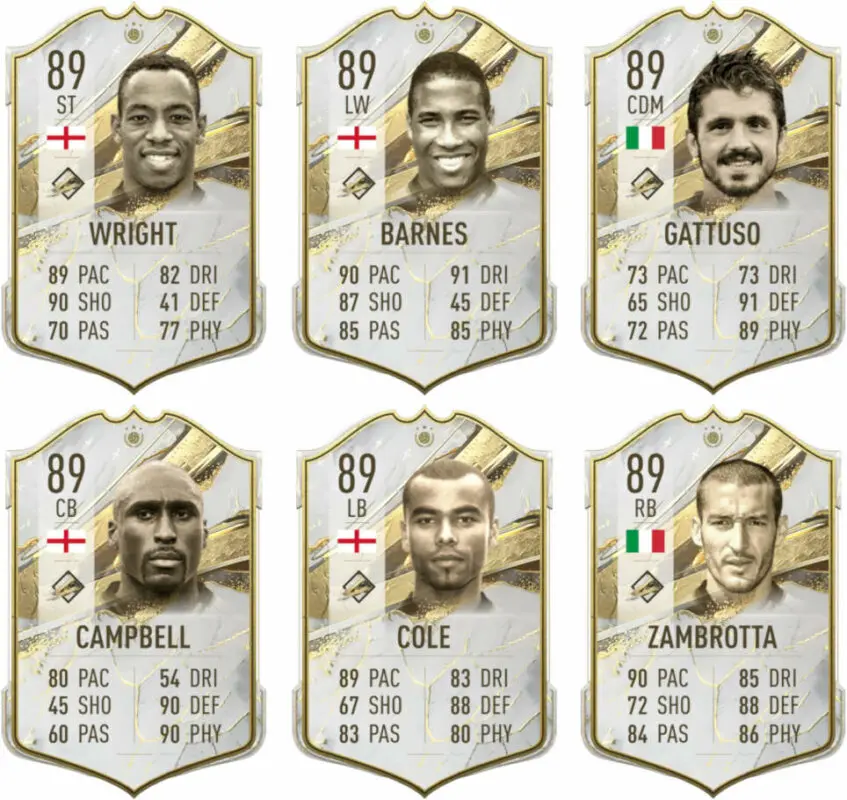 Cartas Icono Prime Wright, Barnes, Gattuso, Campbell, Cole y Zambrotta FIFA 23 Ultimate Team