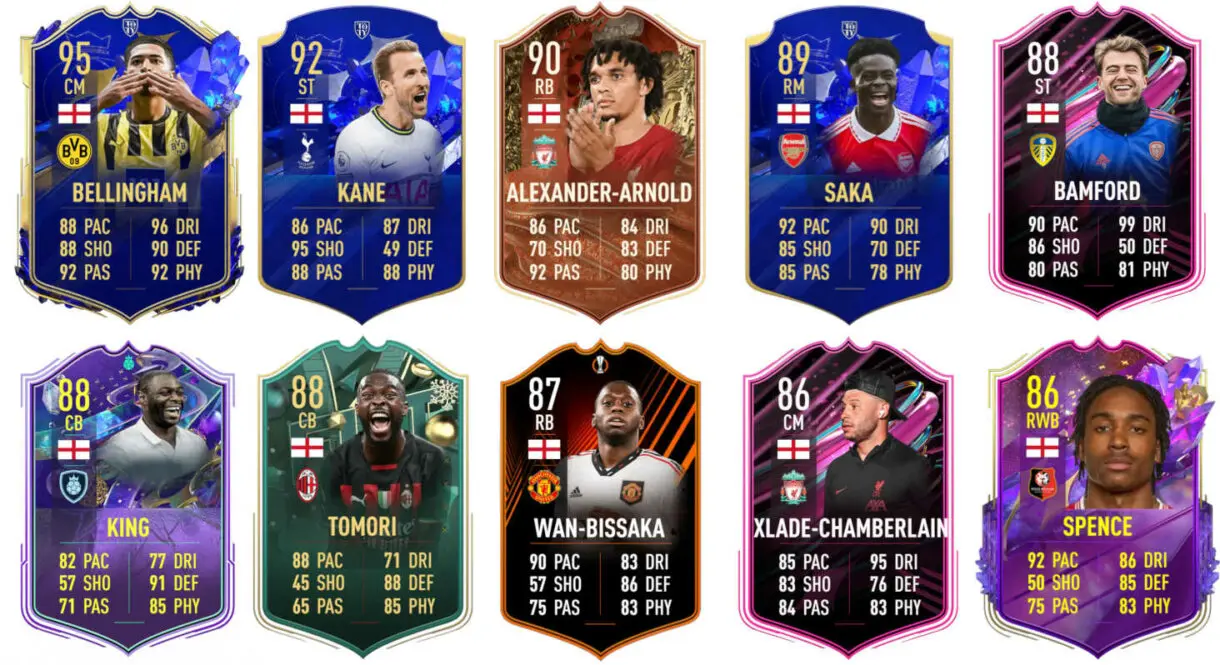 Ejemplos cartas competitivas Inglaterra FIFA 23 Ultimate Team