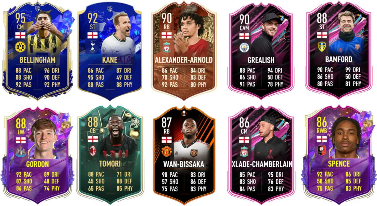 Ejemplos cartas competitivas Inglaterra FIFA 23 Ultimate Team