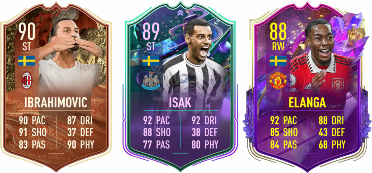 Cartas Ibrahimovic Centurions, Isak Fantasy FUT y Elanga Future Stars (Suecia) FIFA 23 Ultimate Team