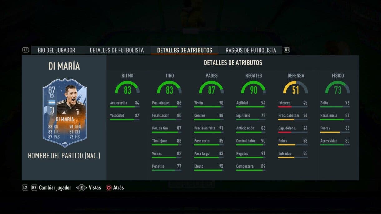Stats in game Di María MOTM FIFA 23 Ultimate Team