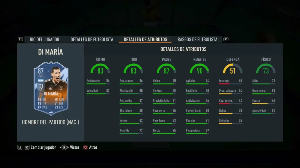 Stats in game Di María MOTM FIFA 23 Ultimate Team