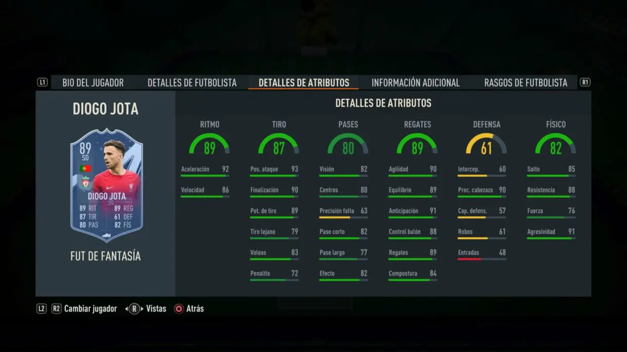 Stats in game Diogo Jota Fantasy FUT FIFA 23 Ultimate Team