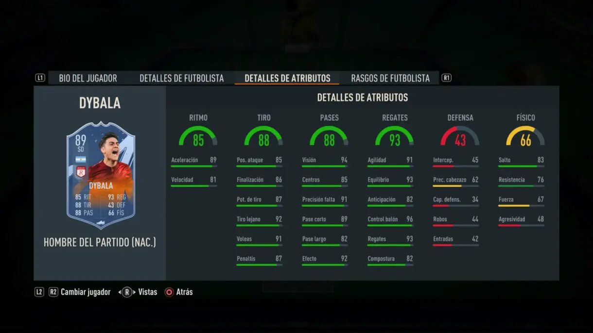 Stats in game Dybala MOTM FIFA 23 Ultimate Team