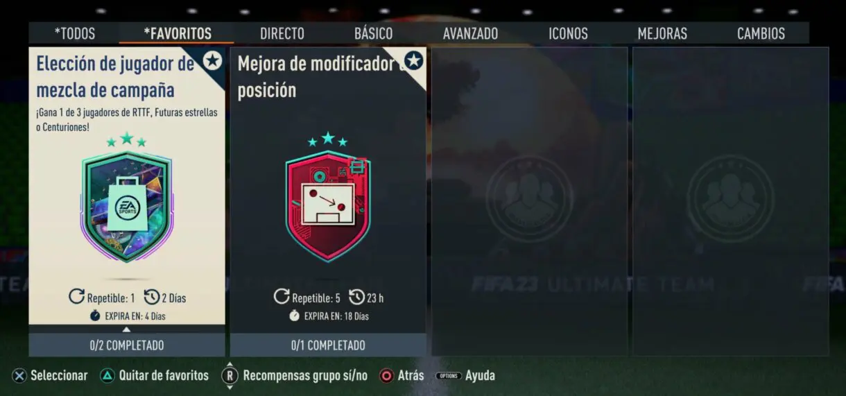Menú de SBC´s favoritos de FIFA 23 Ultimate Team mostrando el de Elección de jugador de mezcla de campaña