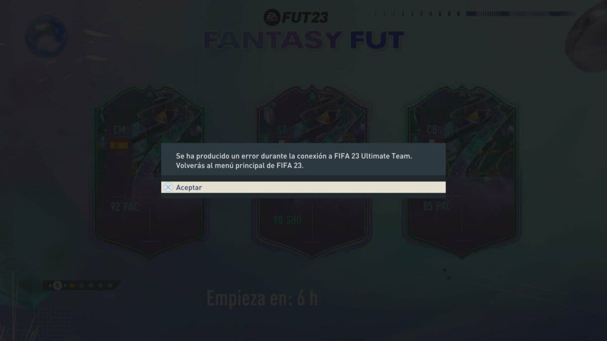 Pantalla de carga FIFA 23 Ultimate Team pero con un mensaje de error durante la conexión