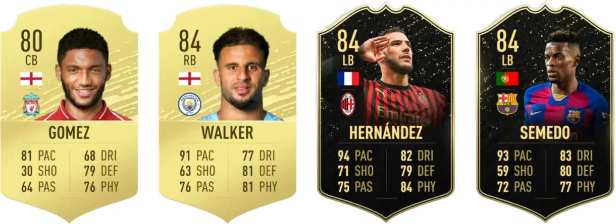 Cartas Joe Gómez oro, Walker oro, Theo IF y Semedo IF FIFA 20 Ultimate Team