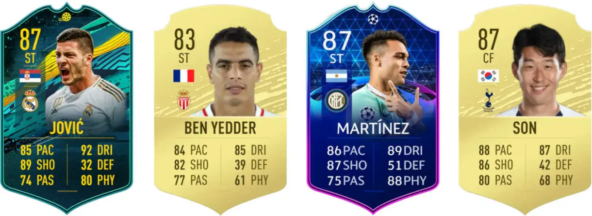 Cartas Jovic Moments, Ben Yedder oro, Lautaro Martínez TOTGS y Son oro FIFA 20 Ultimate Team