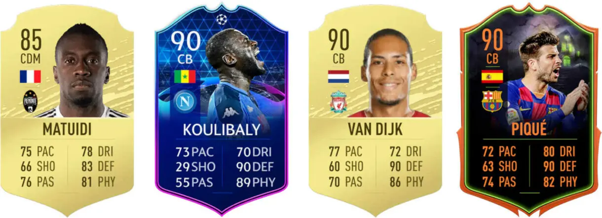 Cartas Matuidi oro, Koulibaly TOTGS, Van Dijk oro y Piqué Rulebreakers FIFA 20 Ultimate Team