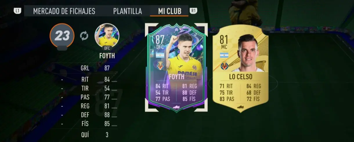 Cartas Foyth Fantasy FUT 87 y Lo Celso oro FIFA 23 Ultimate Team