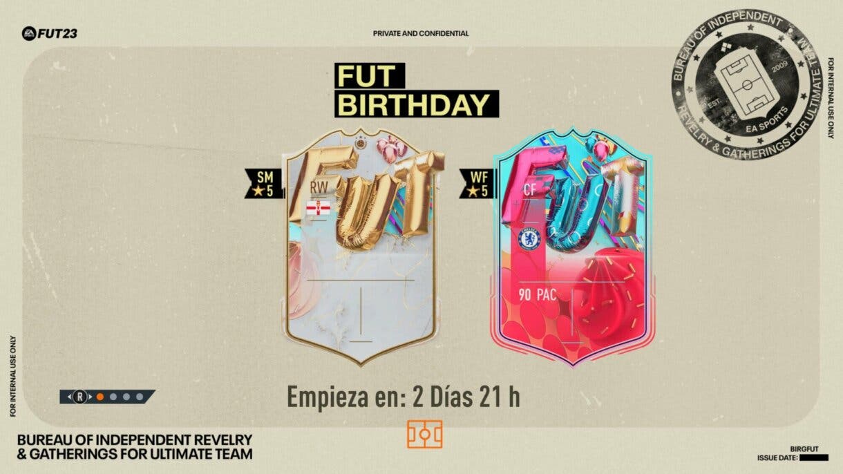 Pantalla de carga FIFA 23 Ultimate Team con las cartas de FUT Birthday y algunas pistas
