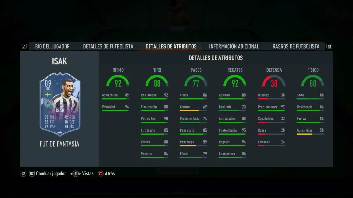 Stats in game Isak Fantasy FUT FIFA 23 Ultimate Team