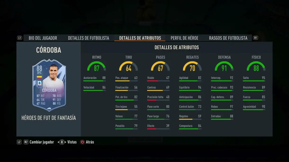Stats in game Iván Córdoba Fantasy FUT Heroes FIFA 23 Ultimate Team