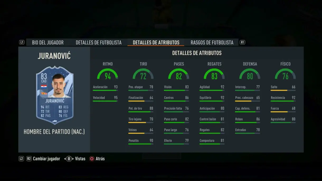Stats in game Juranovic MOTM FIFA 23 Ultimate Team