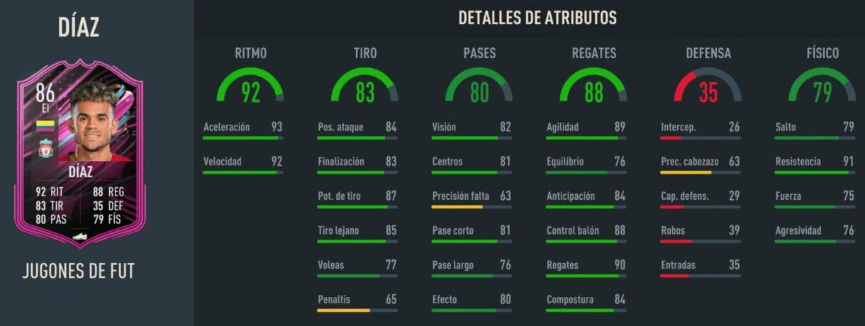 Stats in game Luis Díaz FUT Ballers 86 FIFA 23 Ultimate Team