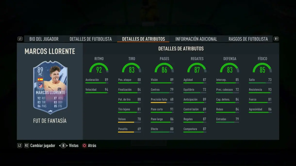 Stats in game Marcos Llorente Fantasy FUT FIFA 23 Ultimate Team