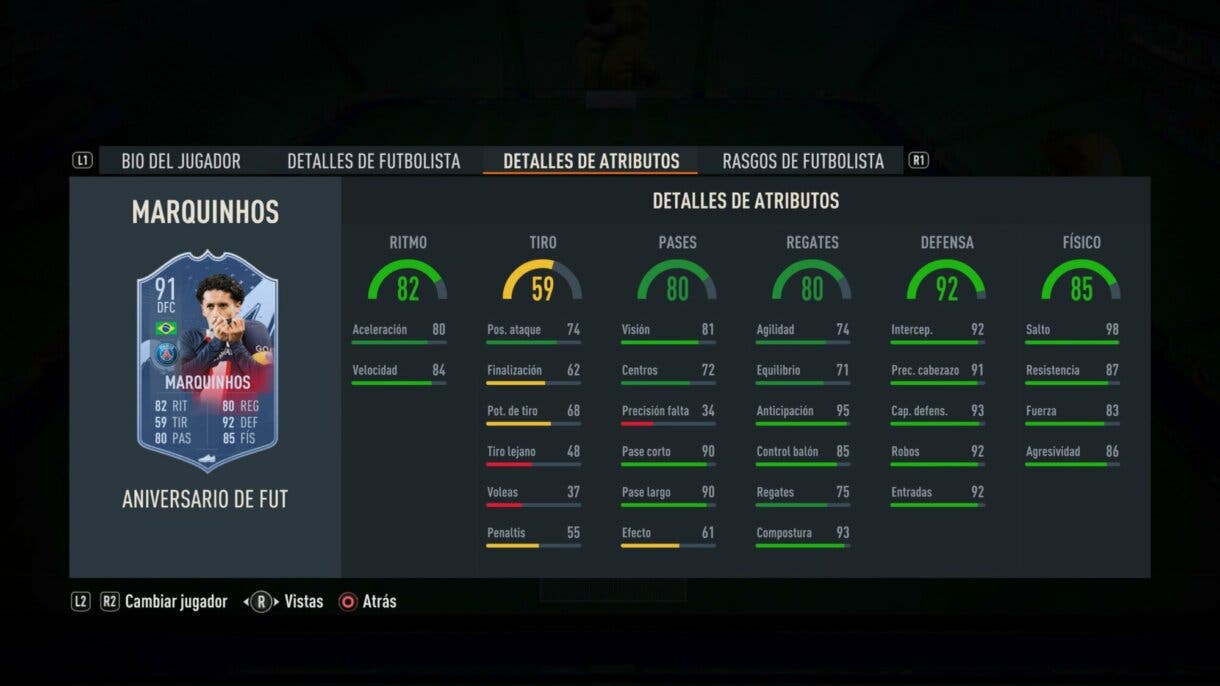 Stats in game Marquinhos FUT Birthday FIFA 23 Ultimate Team