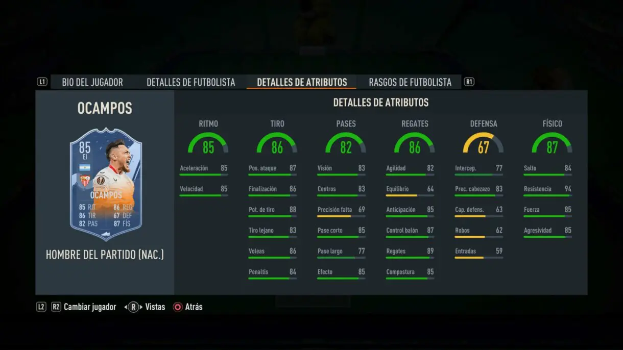 Stats in game Ocampos MOTM FIFA 23 Ultimate Team