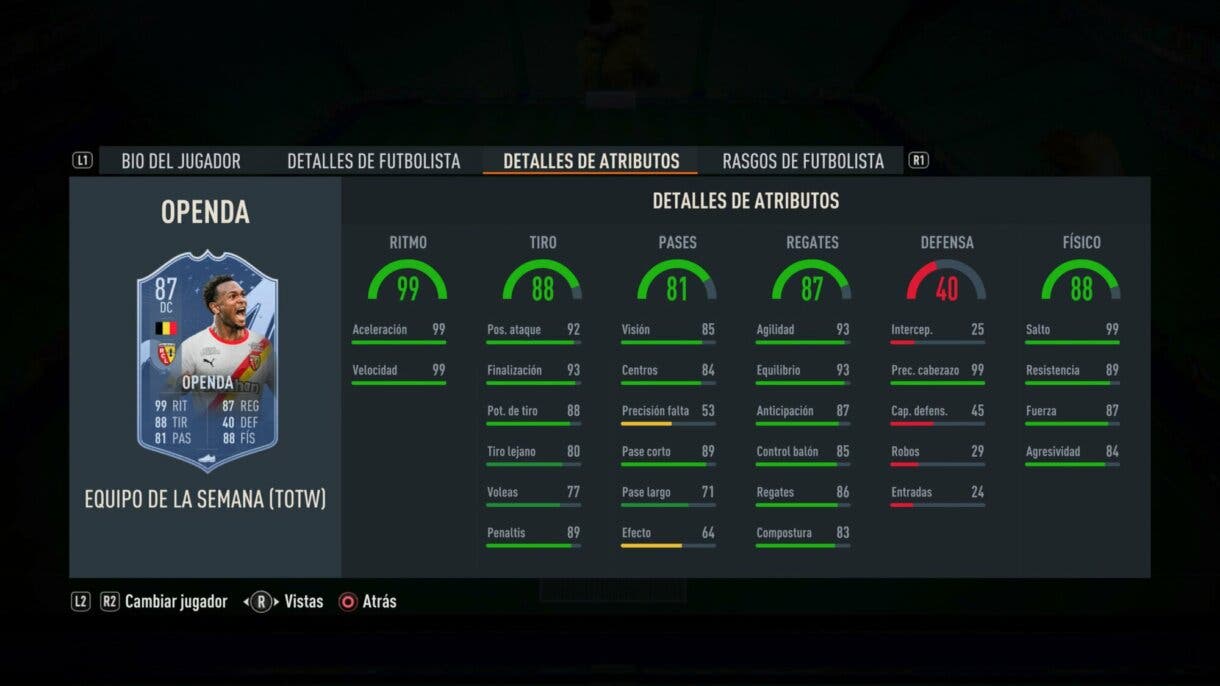 Stats in game Openda TIF FIFA 23 Ultimate Team