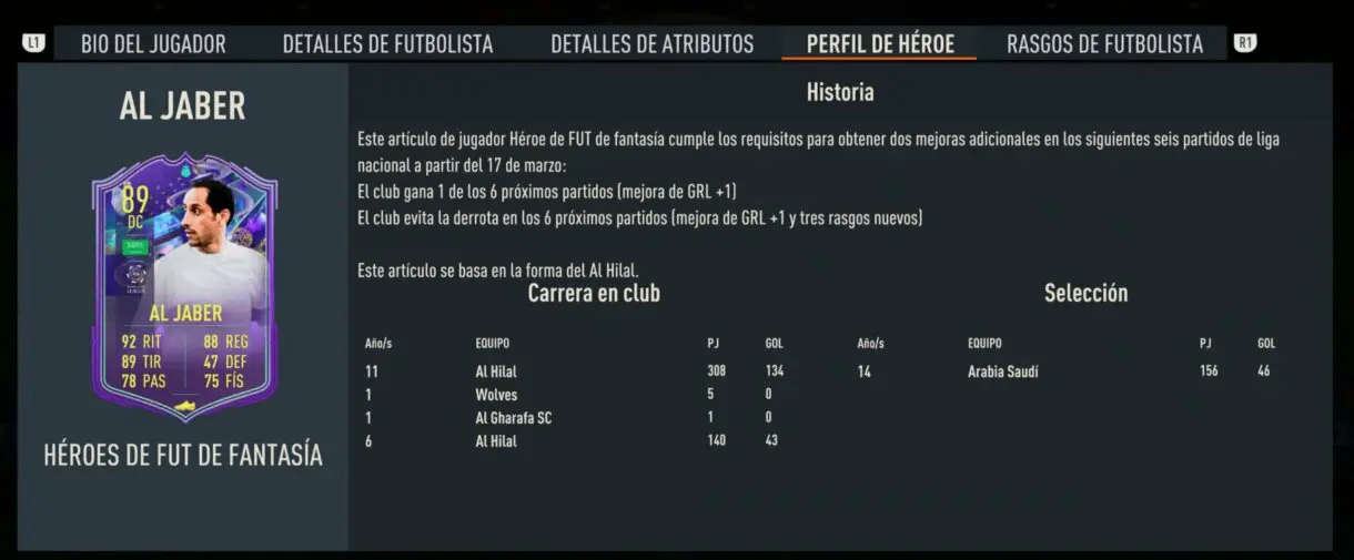 Perfil de Héroe Al Jaber Fantasy FUT Heroes FIFA 23 Ultimate Team