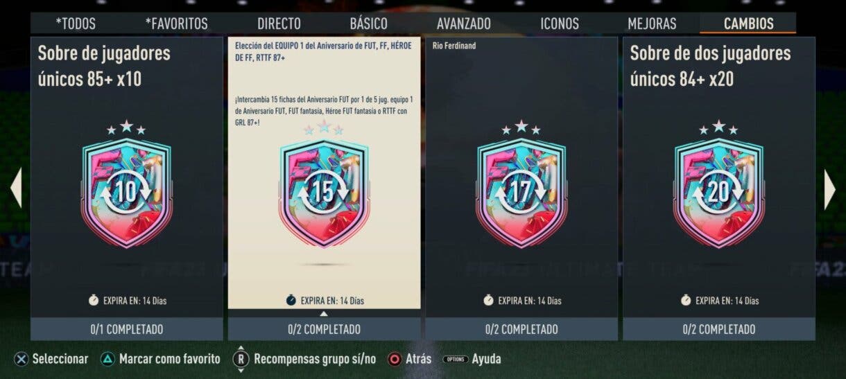 Menú de SBC´s de Cambios en FIFA 23 Ultimate Team mostrando la descripción del player pick de 15 tokens