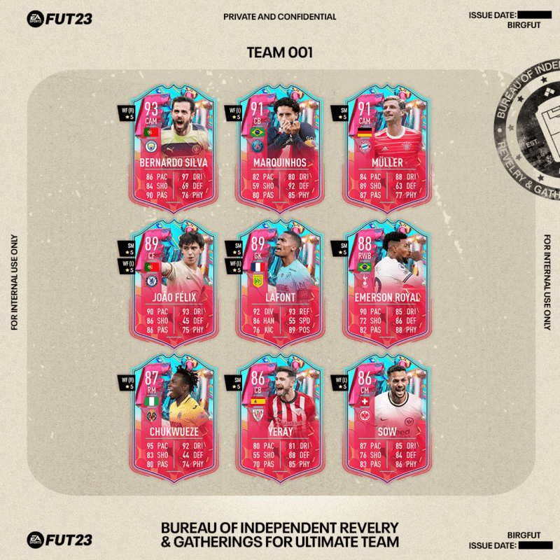 Diseño con las cartas del primer equipo FUT Birthday de FIFA 23 Ultimate Team