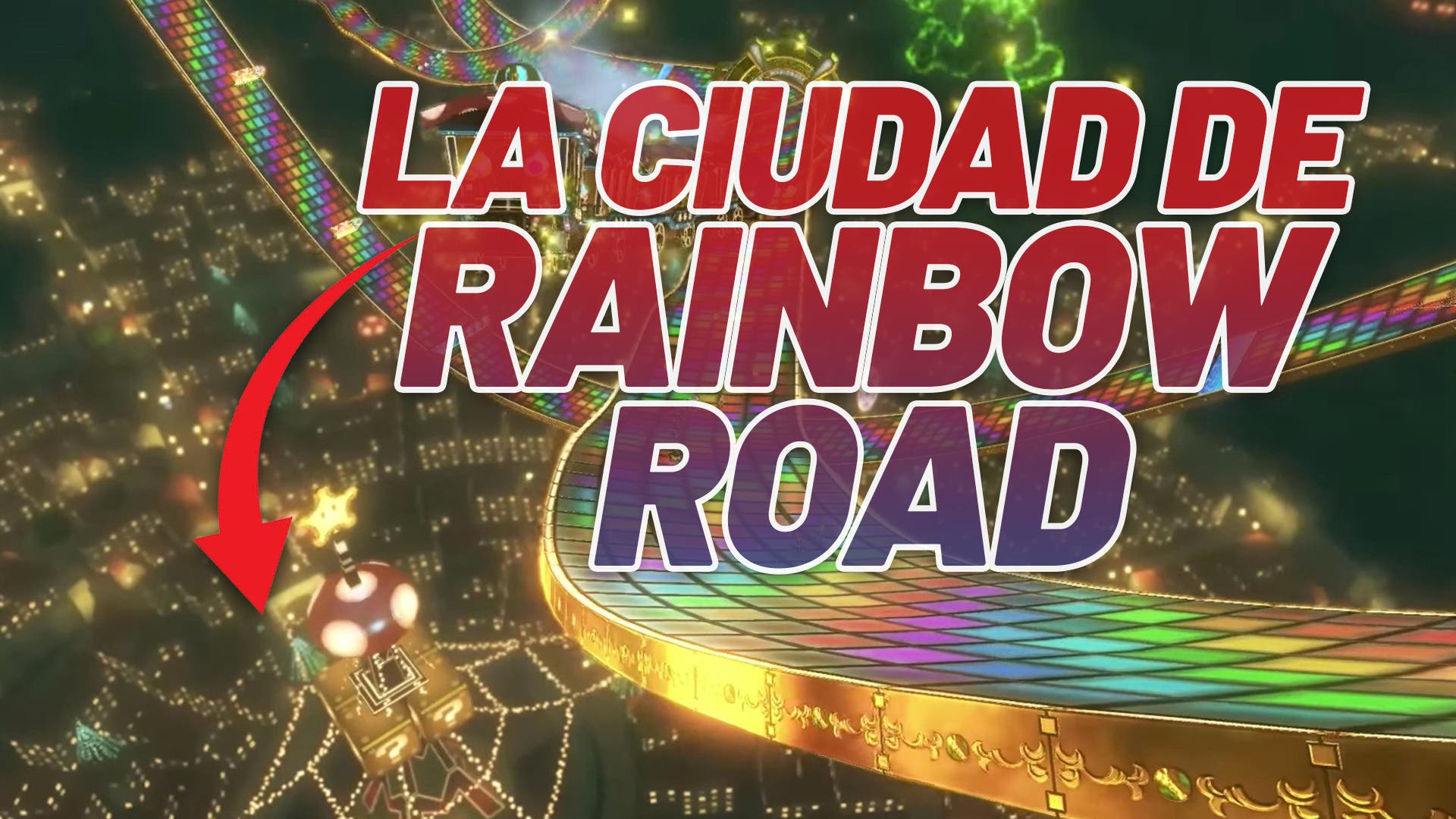 A Mario Kart player manages to get off the track on Rainbow Road and navigate the town below