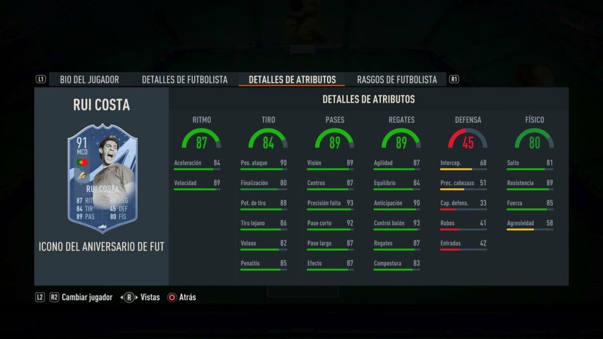 Stats in game Rui Costa Icono FUT Birthday FIFA 23 Ultimate Team