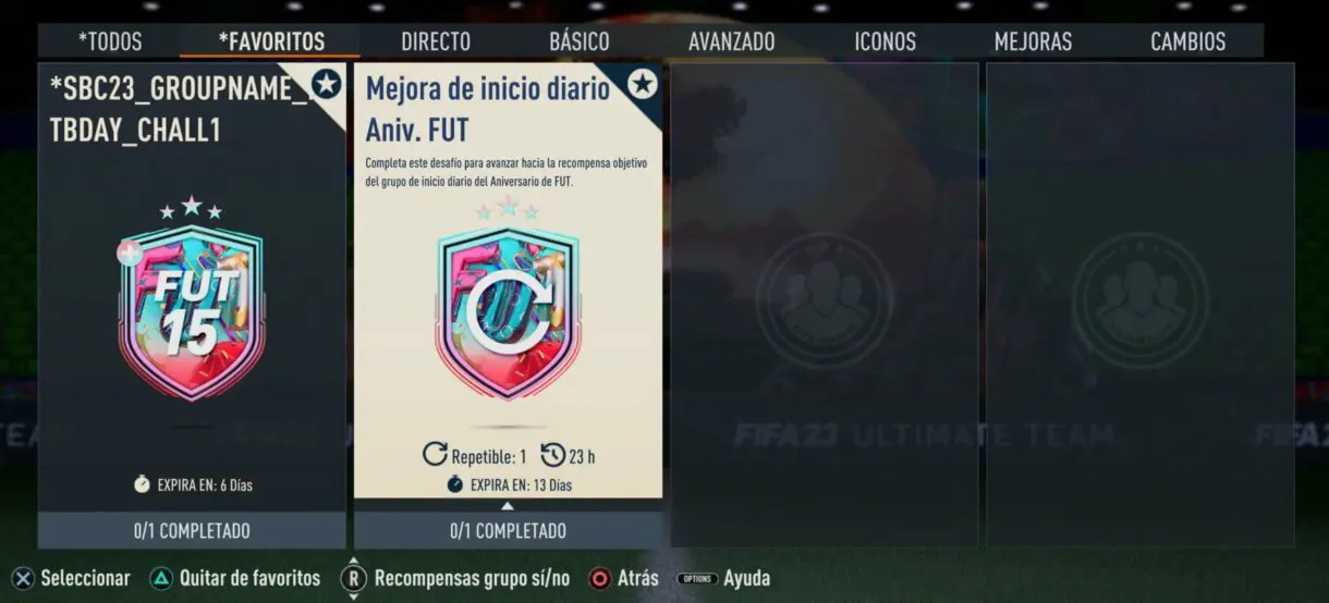 Apartado favoritos desde el menú de SBC´s de FIFA 23 Ultimate Team (mostrando la mejora de inicio diario Aniv. FUT)