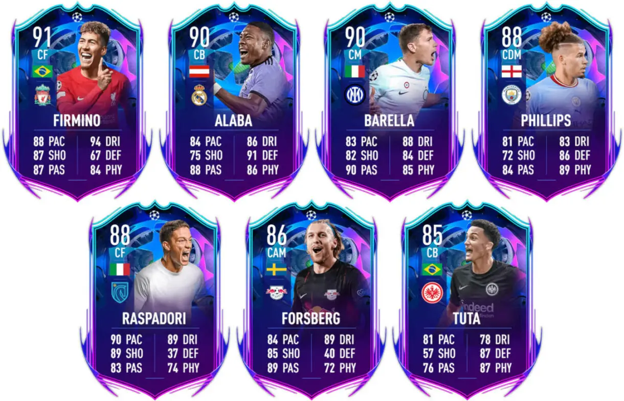 Cartas RTTF Firmino, Alaba, Barella, Phillips, Raspadori, Forsberg y Tuta FIFA 23 Ultimate Team