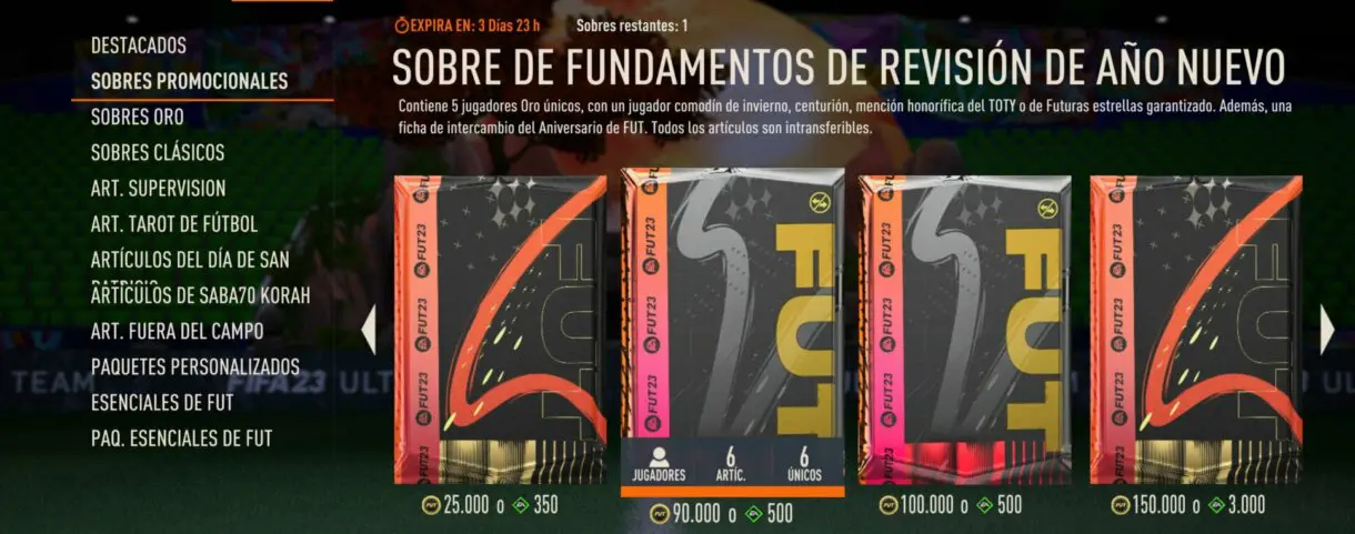 Sobre de fundamentos de revisión de año nuevo desde el menú de FIFA 23 Ultimate Team