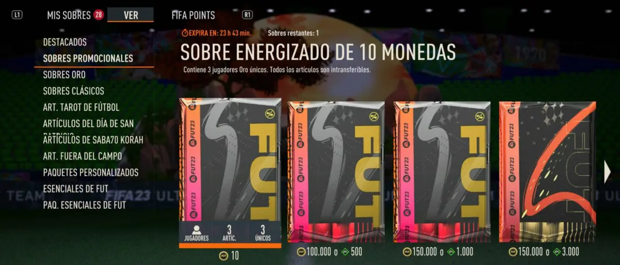 Sobres promocionales tienda FIFA 23 Ultimate Team