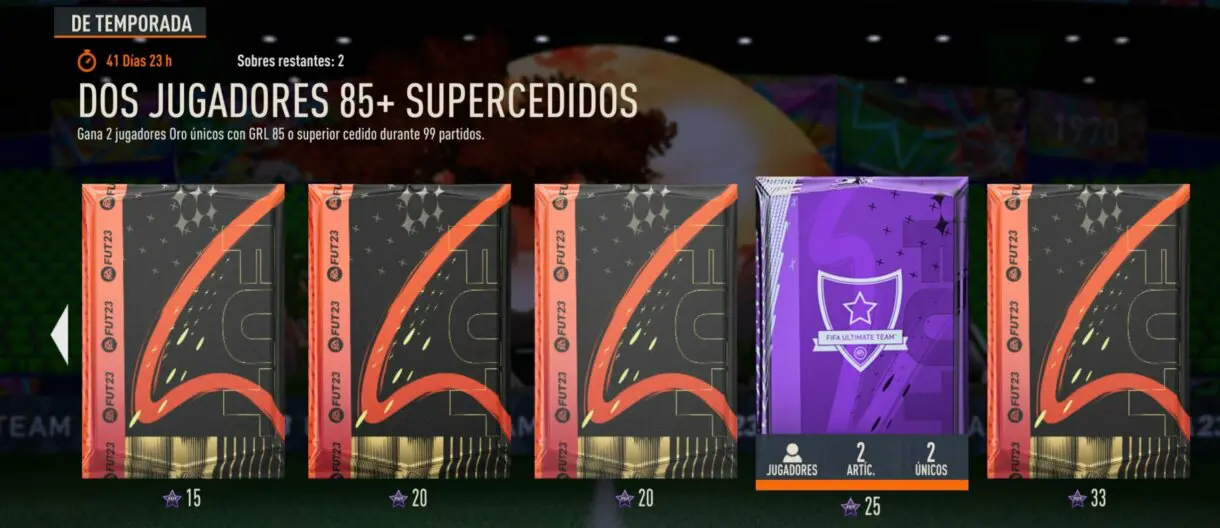 Tienda FUT Moments FIFA 23 Ultimate Team mostrando el sobre de dos jugadores +85 supercedidos