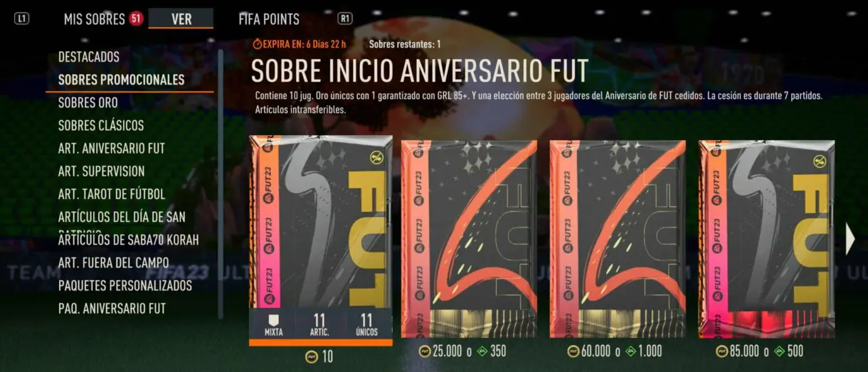 Sobres promocionales desde la tienda de FIFA 23 Ultimate Team