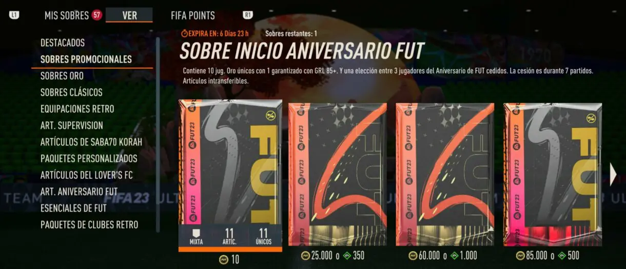 Sobres promocionales desde la tienda de FIFA 23 Ultimate Team