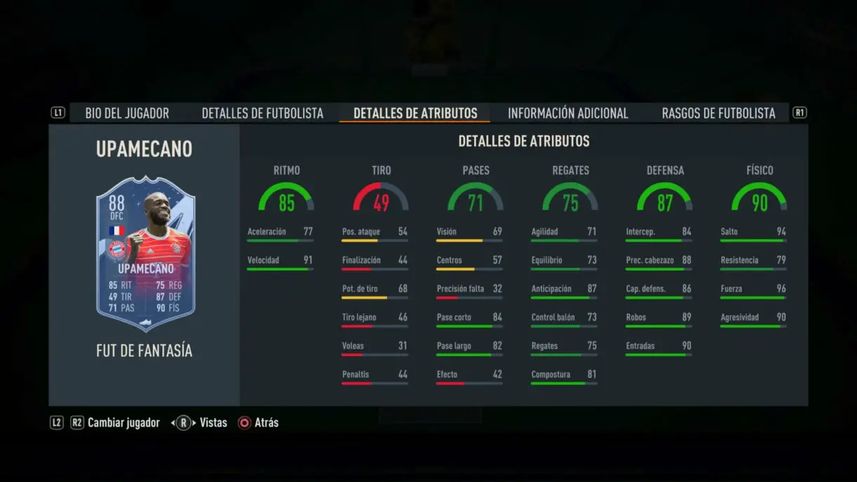 Stats in game Upamecano Fantasy FUT FIFA 23 Ultimate Team