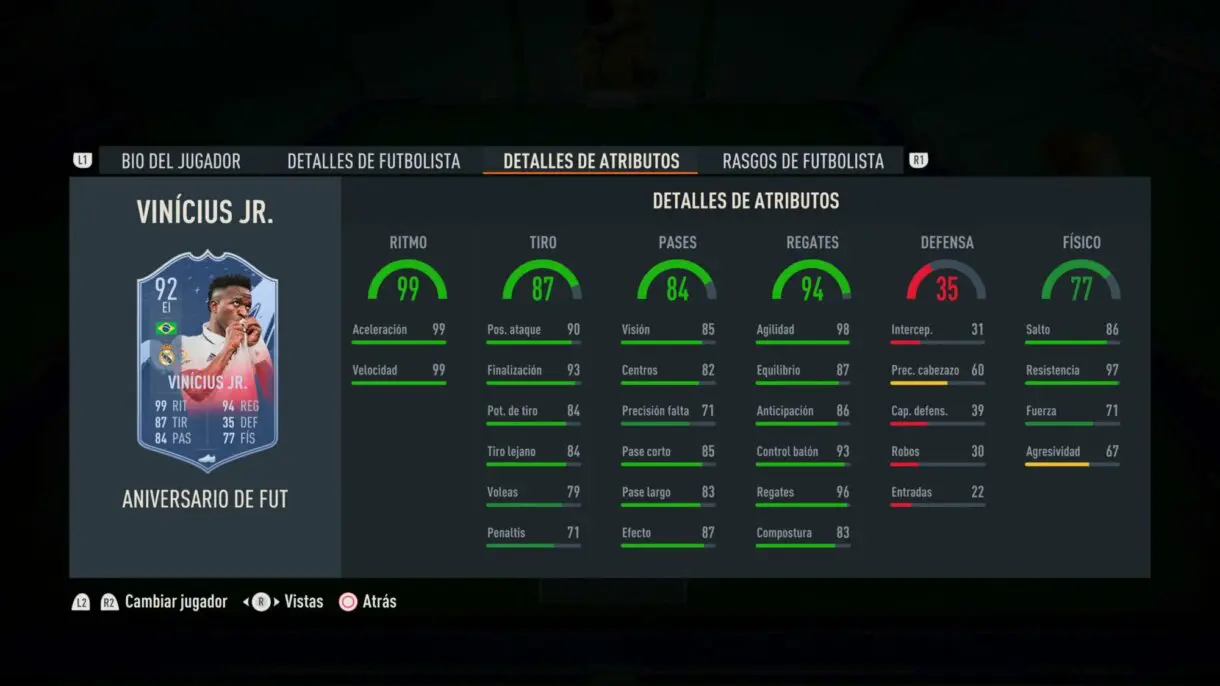 Stats in game Vinícius Júnior FUT Birthday FIFA 23 Ultimate Team
