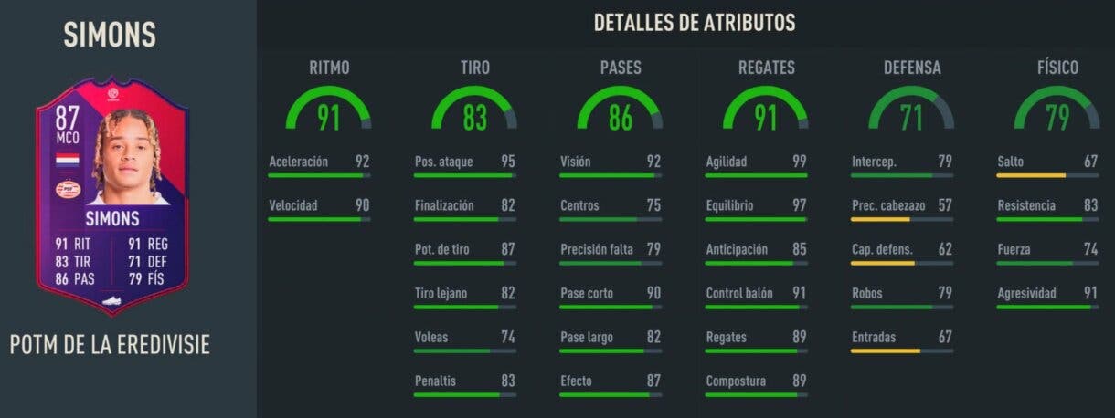 Stats in game Xavi Simons POTM de la Eredivisie FIFA 23 Ultimate Team