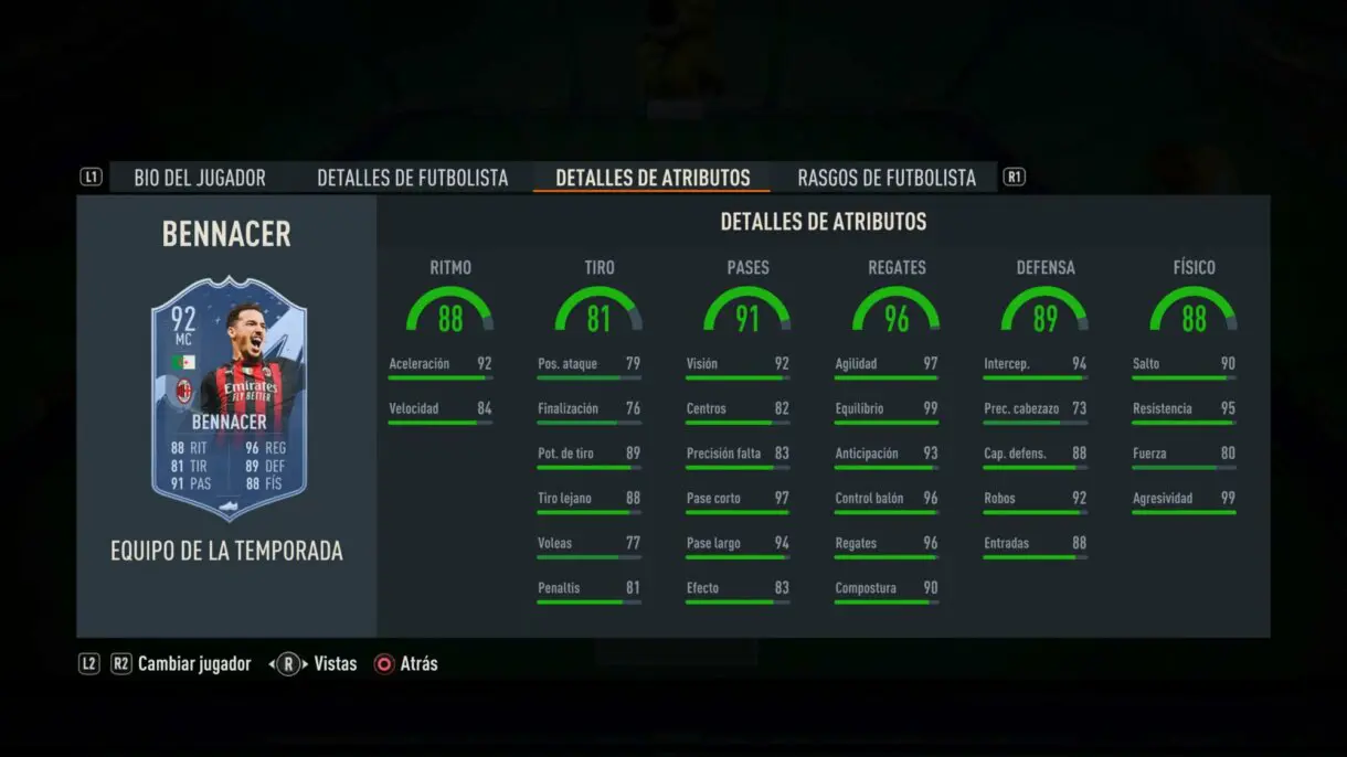 Stats in game Bennacer TOTS FIFA 23 Ultimate Team