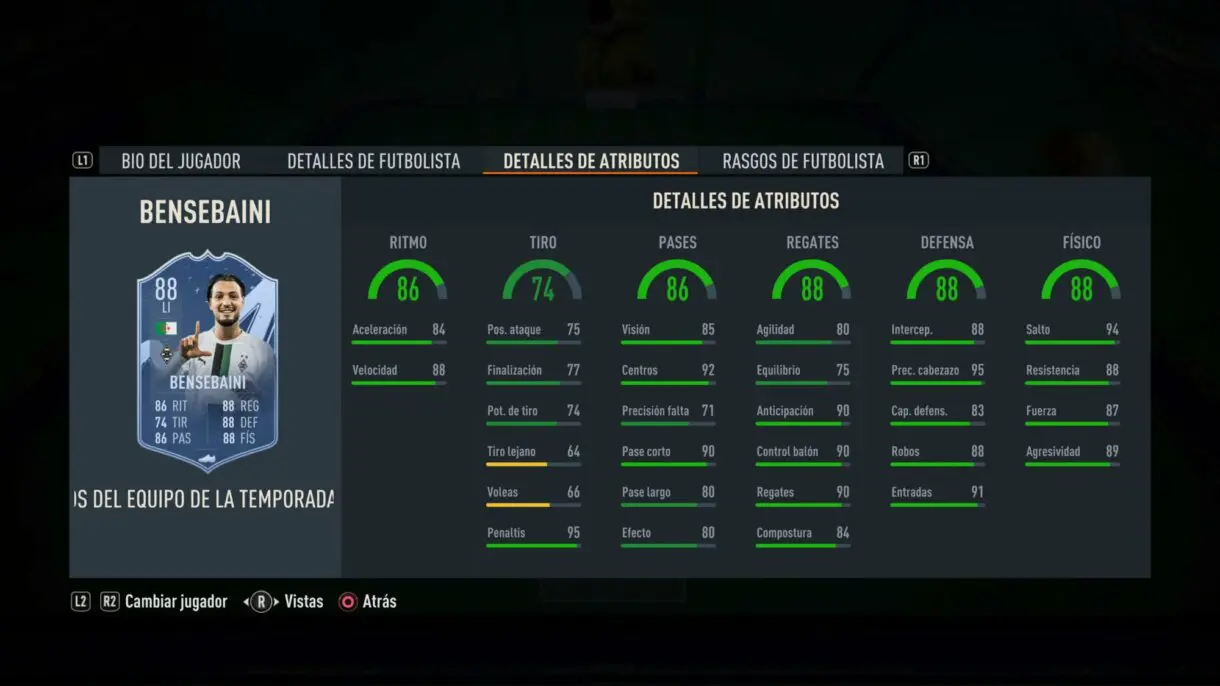 Stats in game Bensebaini TOTS Moments FIFA 23 Ultimate Team