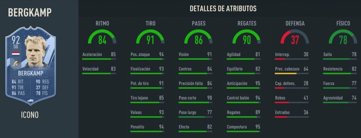 Stats in game Bergkamp Icono Prime FIFA 23 Ultimate Team